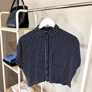 Forever 21 Stripe Navy Crop Button Down Blouse